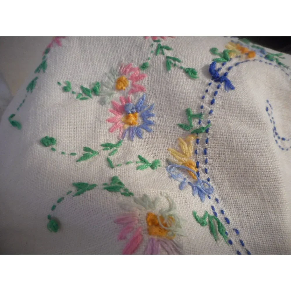 Vintage Blue Multicolor Floral handmade embroidered Lace Dresser scarf runner - Picture 4 of 4